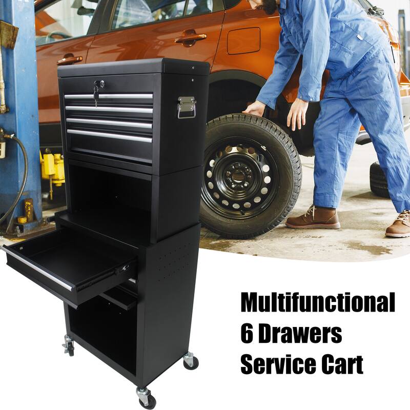 Rolling Tool Chest With 4 Wheels 6 Drawers Bottom Cabinet Large Capacity Tool Storage Cabinet