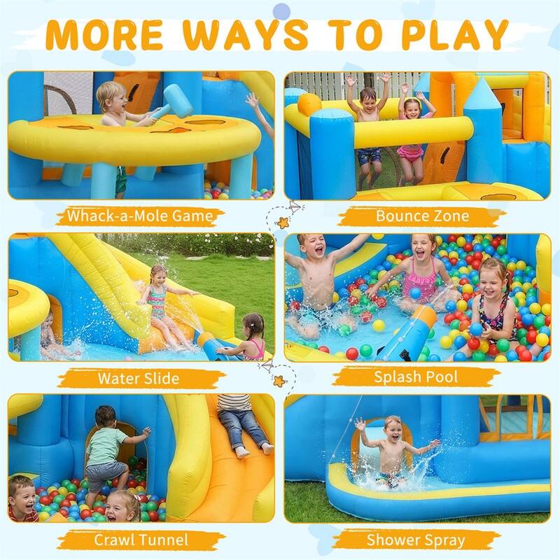 Oxford Cloth Inflatable Castle Bounce House In Blue And Yellow With Curved Slide, Whack-A-Mole & Water Play Function - N/A