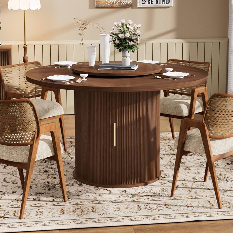 Anmytek Natural Wood 55-Inch Round Dining Table - Seats 6 with Double-Tier Storage and Rotating Tray