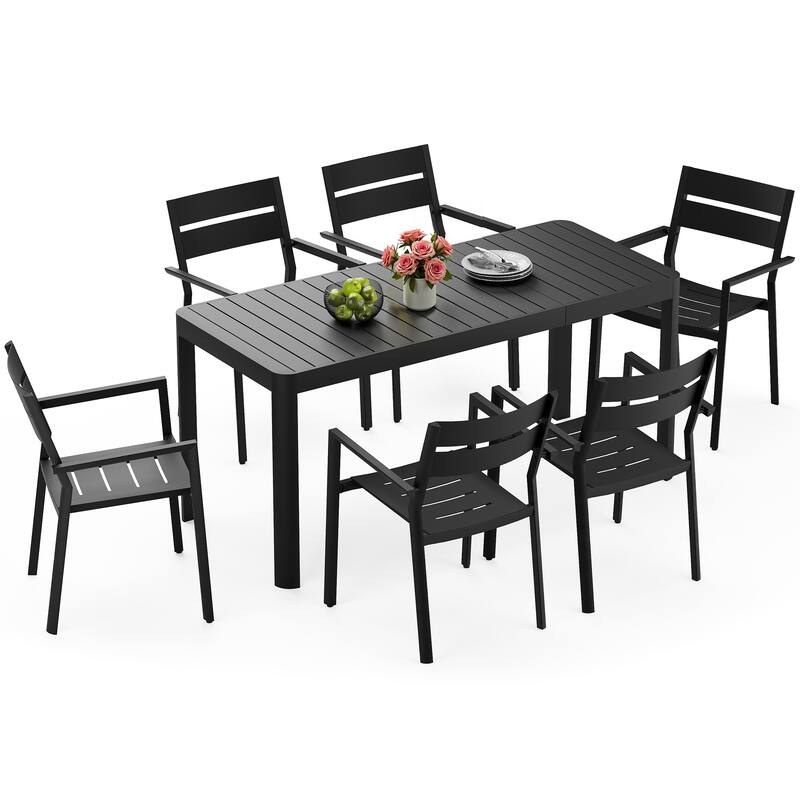 7-Piece Set Outdoor Patio Expandable Aluminum Dining Table with Stackable Chairs - Black with Armchairs