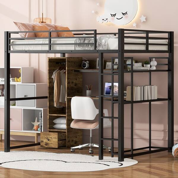 slide 2 of 10, Black Full Metal Loft Bed with Built-in Wardrobe & Desk Black