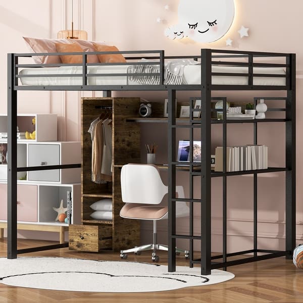 slide 2 of 6, Full Size Metal Loft Bed with Built-in Wardrobe, Drawer, Desk and Shelves Black