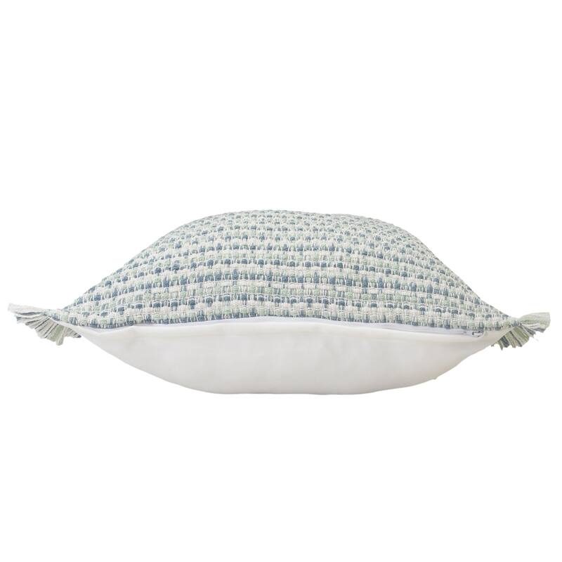 24" Blue and White Interwoven Fringed Outdoor Square Throw Pillow