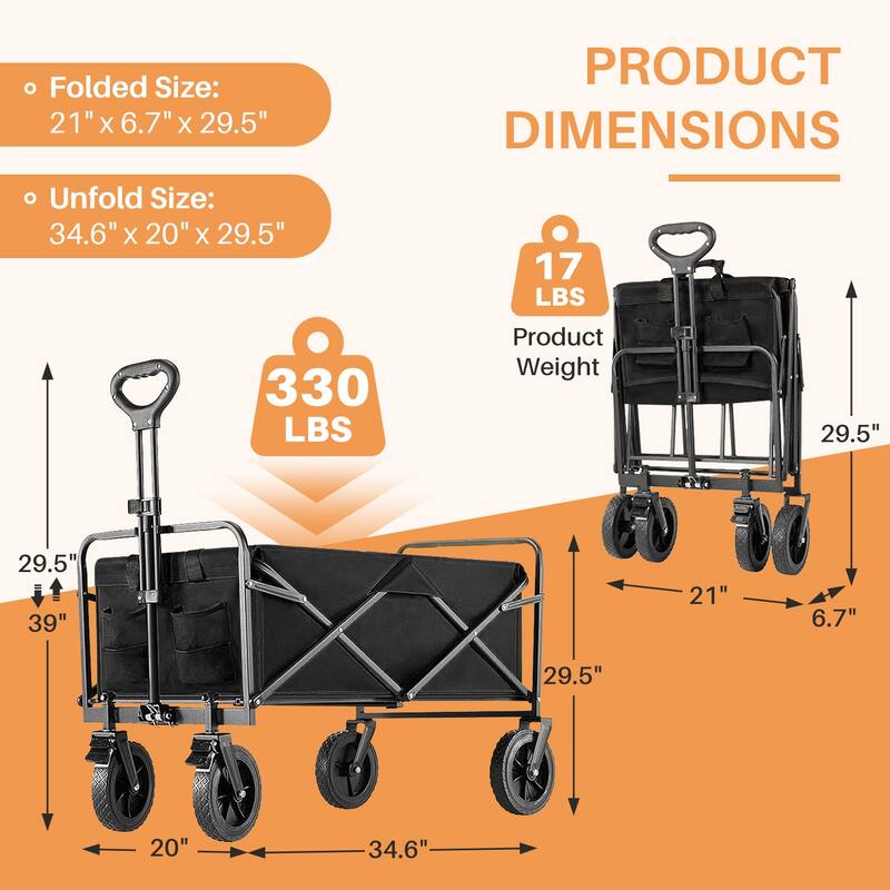Outdoor Large Capacity Collapsible Foldable Wagon Cart Garden Cart with All-Terrain Wheels-35IN - 20.5"D x 33.3"W x 38.9"H