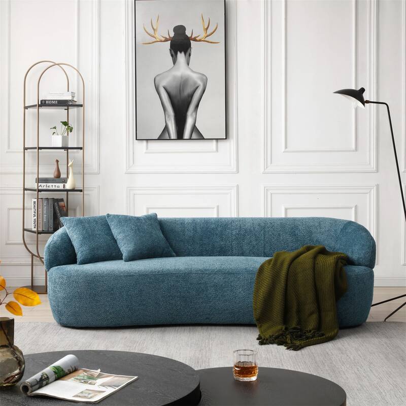 Modern Fabric Curved Sofa, 3 Seat Cloud Boucle Sofa - Light Blue