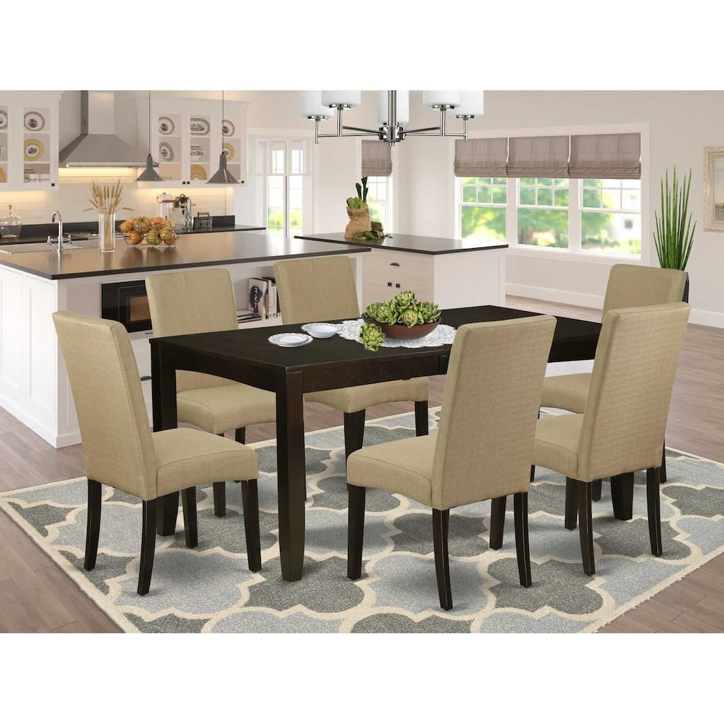 Baroque Beauty Dining Set - 6Pc Rectangular Table & Chairs - Cappuccino Finish - Linen Fabric - Brown