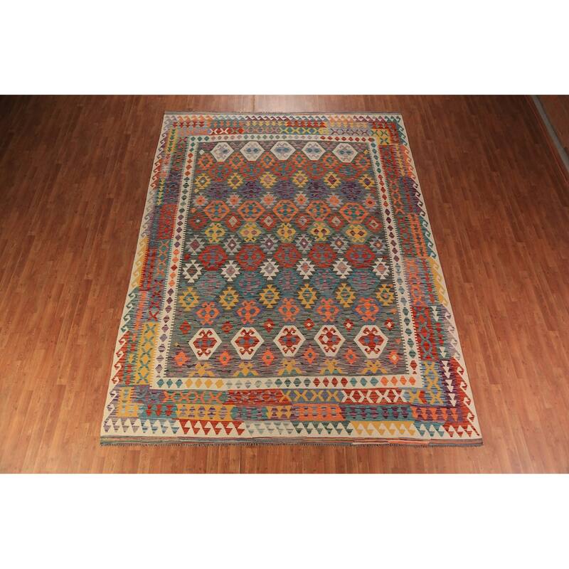 Kilim Oriental Rug Hand-Woven Multi-Color Reversible Wool Carpet - 9'7"x 12'9"