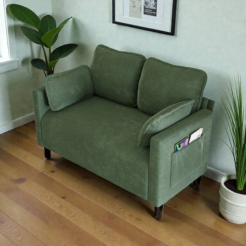 48" Corduroy Loveseat Sofa with Side Storage Pocket, 2-Seater Couch, Solid Wood Frame for Apartment - Green