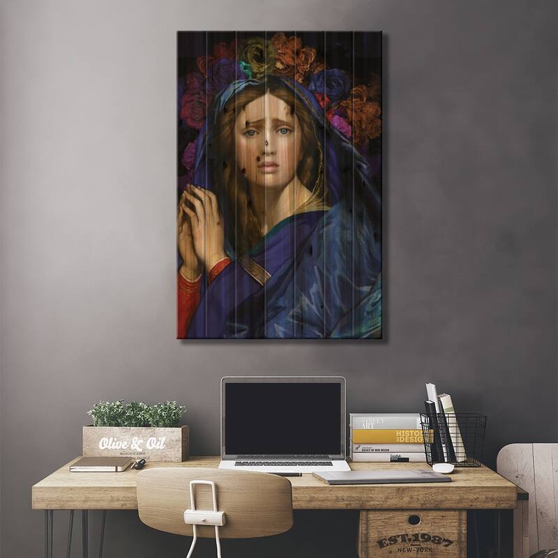 Our Lady With Flowers On Her Head Print On Wood by Marcio Alek - Multi-Color