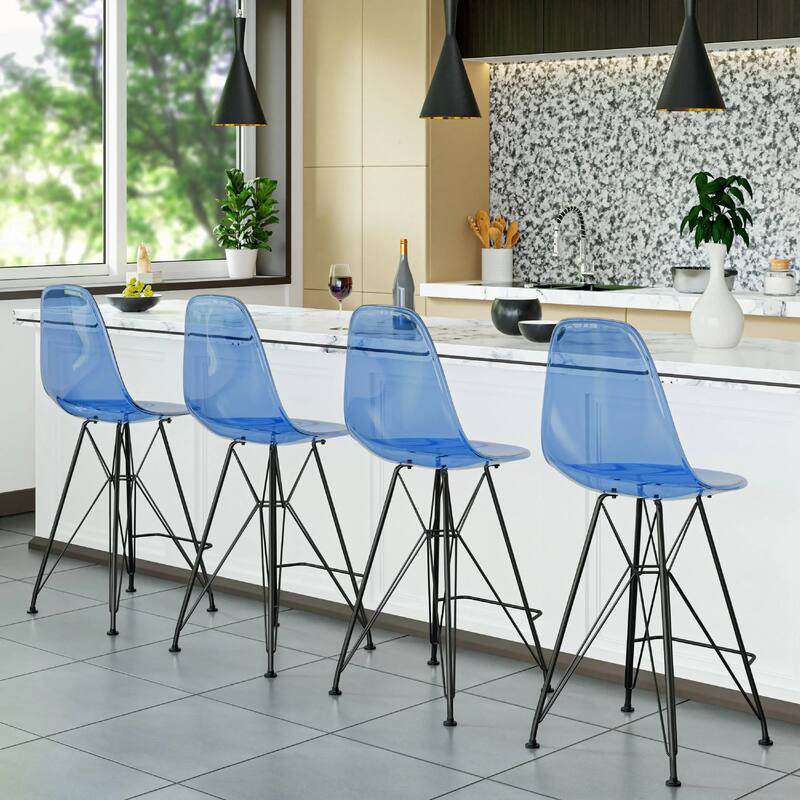 Cresco Acrylic Barstool in Brushed Black Steel Base with Ergonomic Seat, Footrest, & Floor Pads for Kitchen or Home Bar Set of 2