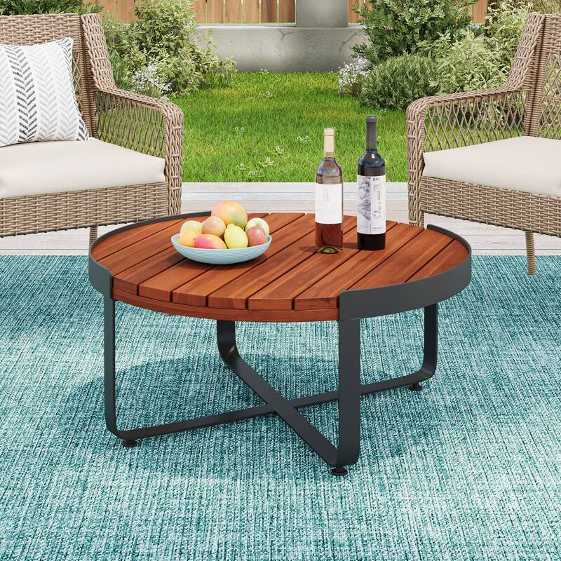 Roomfitters Outdoor Coffee Table with Slatted Mahogany Wood Surface and Sturdy Metal Frame, Modern Patio Accent, Mahogany