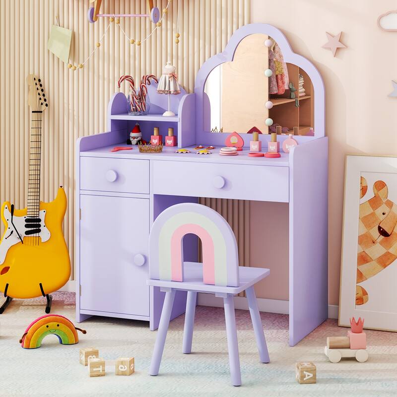 Children's Vanity Table and Stool Set with Mirror and Drawers Cabinet for Bedroom or Playroom - 31.5" x 16" x 38.5" (L x W x H)
