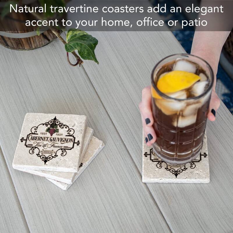 Vin De France 4 Pack Natural Travertine Absorbent Stone Coasters with Protective Cork Backing Manufactured in The USA