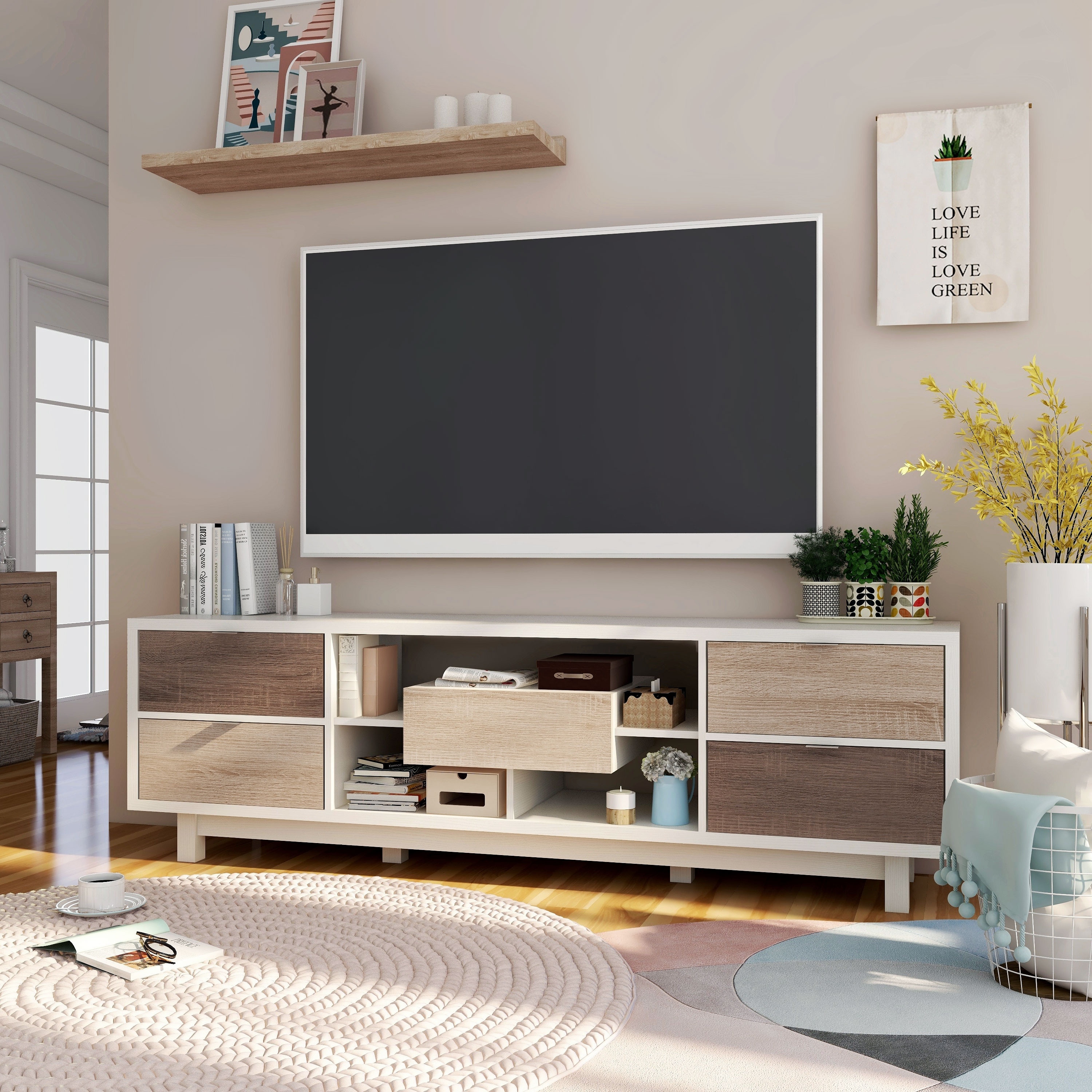 Furniture of America Yave Mid-century Modern White 70-inch Wood 2-Drawer TV Console