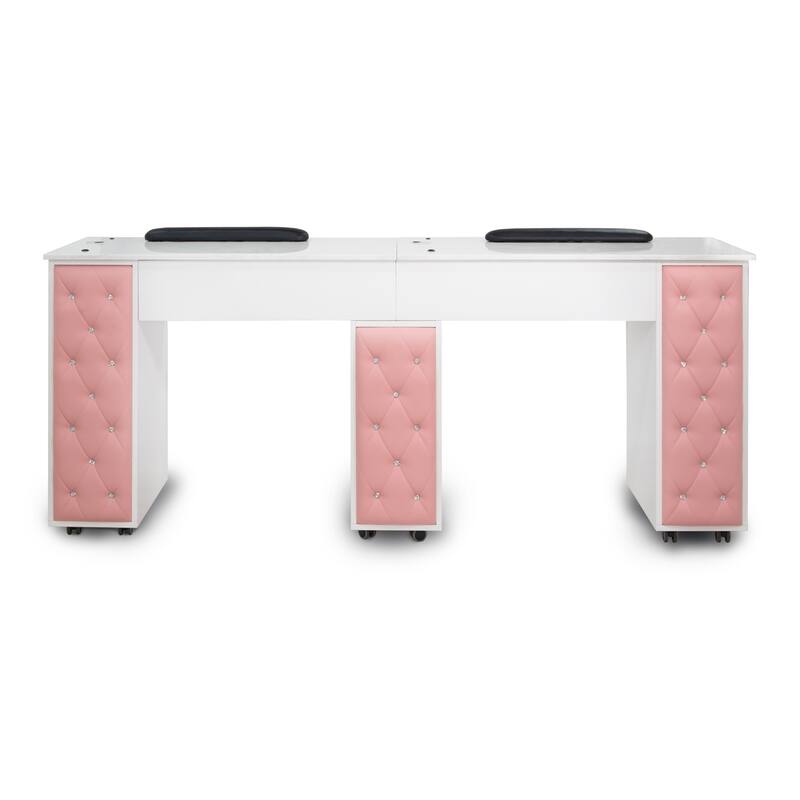 Drexel Manicure Table Double Nail Station Marble Top Desk, Pink Tufted Cushion - N/A