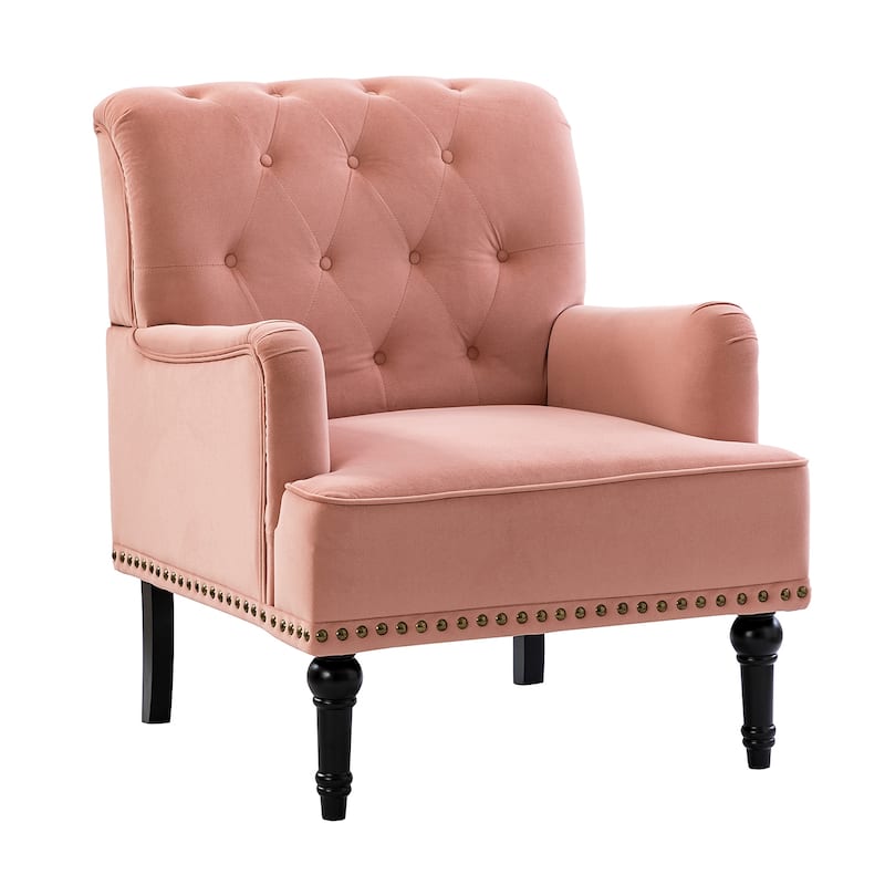 Geltrude Transitional Upholstered Button Tufted Club Chair with turned wooden Legs by HULALA HOME