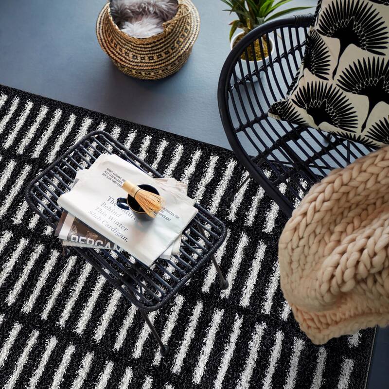 Bohemian Stripe Lines Shag Rug - Textured Surface - Anthracite Dark Gray - Easy to Clean