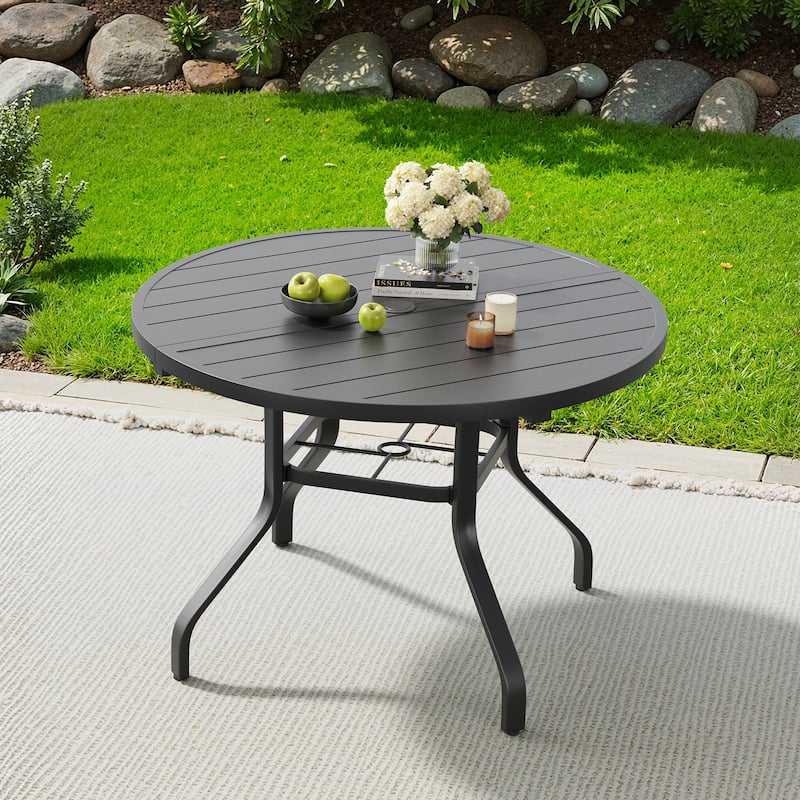 Round Outdoor Dining Table, 41" Round Patio Table Wood-Like Grain with 1.57" Umbrella Hole, Metal Outdoor Dining Tables