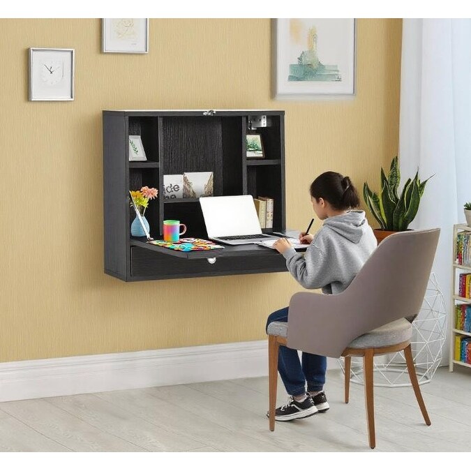 Wall Mounted Desk with Storage Shelves, Floating Desk