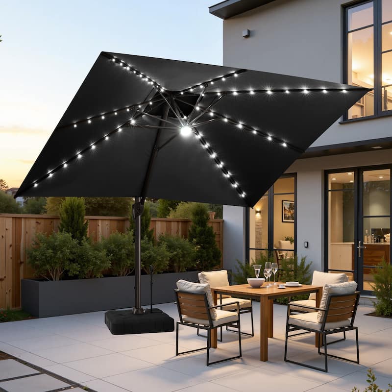 10 FT x 13 FT Outdoor Patio Aluminum Solar LED Lighted Cantilever Umbrella with Base Stand
