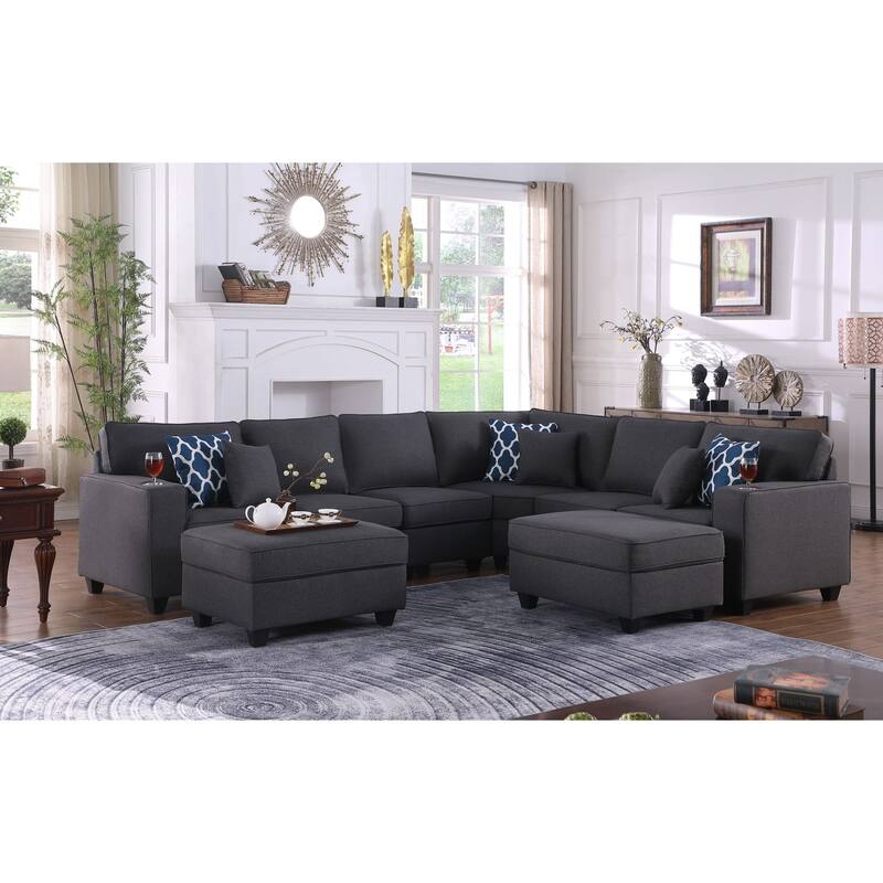 8 Piece Upholstered Sectional Sofa with 2 Ottomans in Dark Gray - Dark Gray/Brown - Reversible