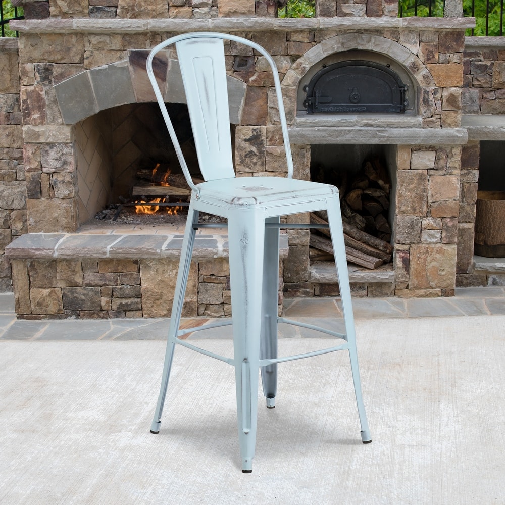 30" High Distressed Metal Indoor-Outdoor Barstool with Back - 18"W x 19"D x 46"H