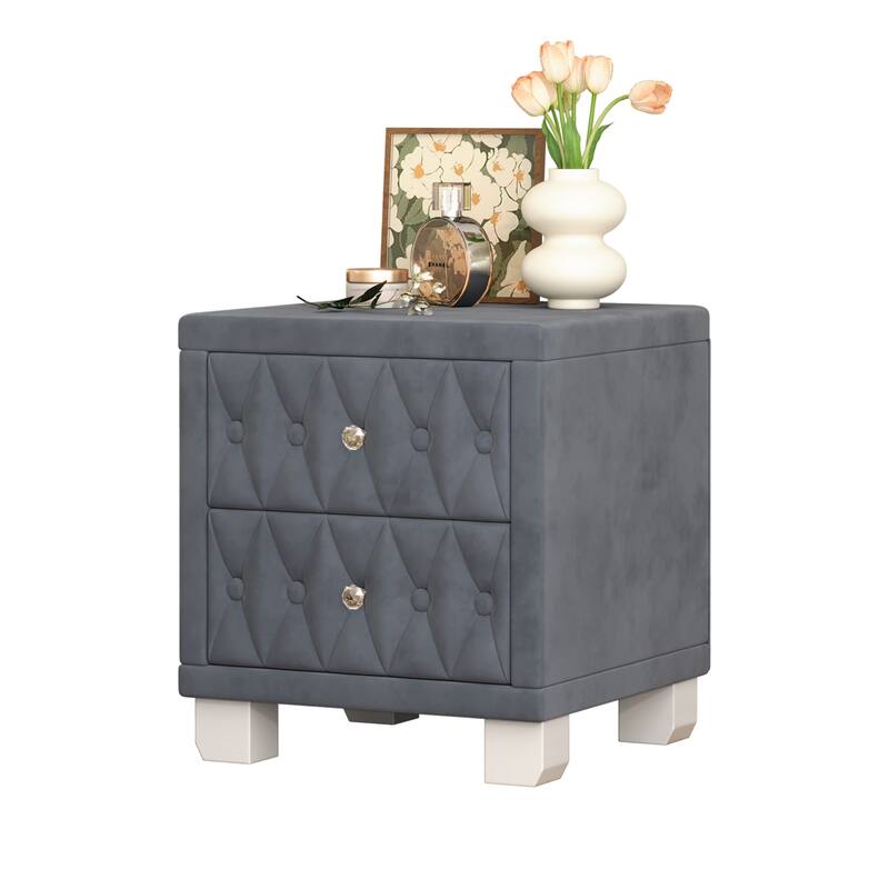 Elegant Velvet Nightstand with 2 Drawers and Crystal Handle, Storage Bedside Table with Button-Tufted