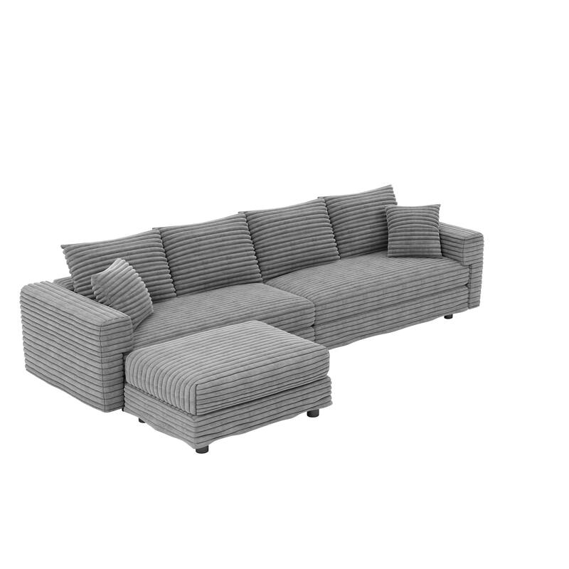 102.4 " Corduroy Modular Sofa, Modern Upholstered Sofa Cloud Couch, Deep Seat Couches w/ Pillows, Movable Ottoman for Apartment
