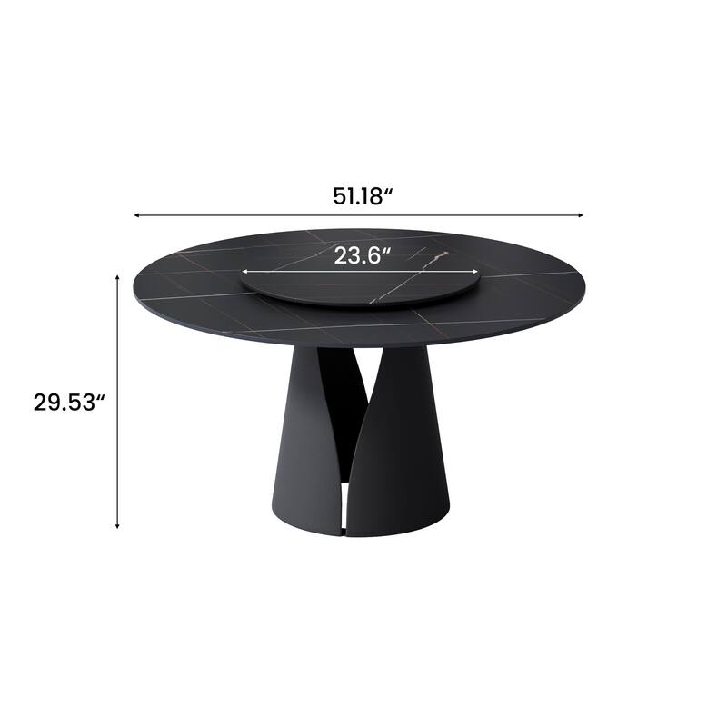 Modern Round White Dining Table，Sintered Stone Tabletop, Solid Black Carbon Steel Base