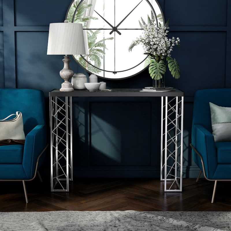 Allison Modern Black and Chrome 39-inch Faux Marble Sofa Table by Silver Orchid