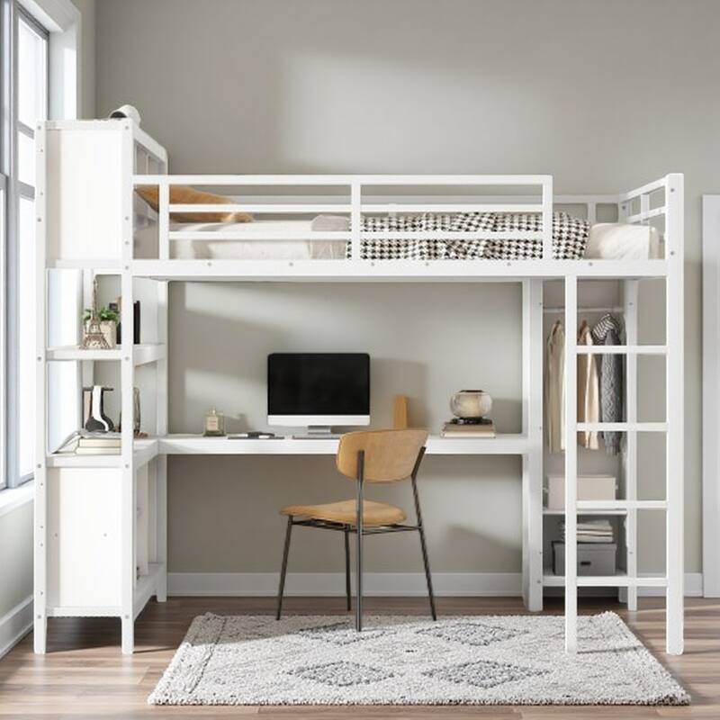Teen & Adult Metal Loft Bed with L-Shaped Work Desk, Closet & Shelf Storage - Off White - Queen