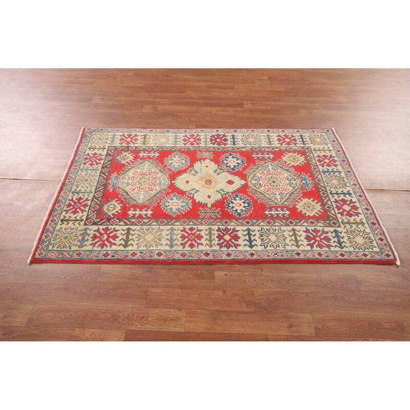 Kazak Accent Rug Handmade Traditional Red Wool Carpet - 3'2" x 4'11"
