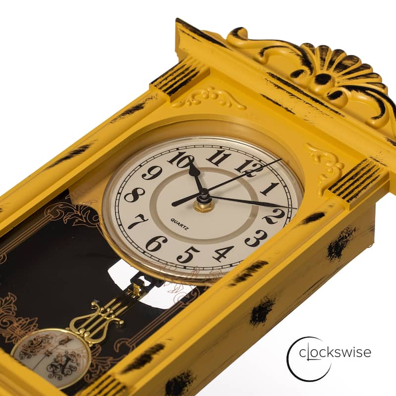 Clockswise Vintage Grandfather Wood-Looking Plastic Pendulum Decorative Battery-Operated Wall Clock Brown, for Home Decor