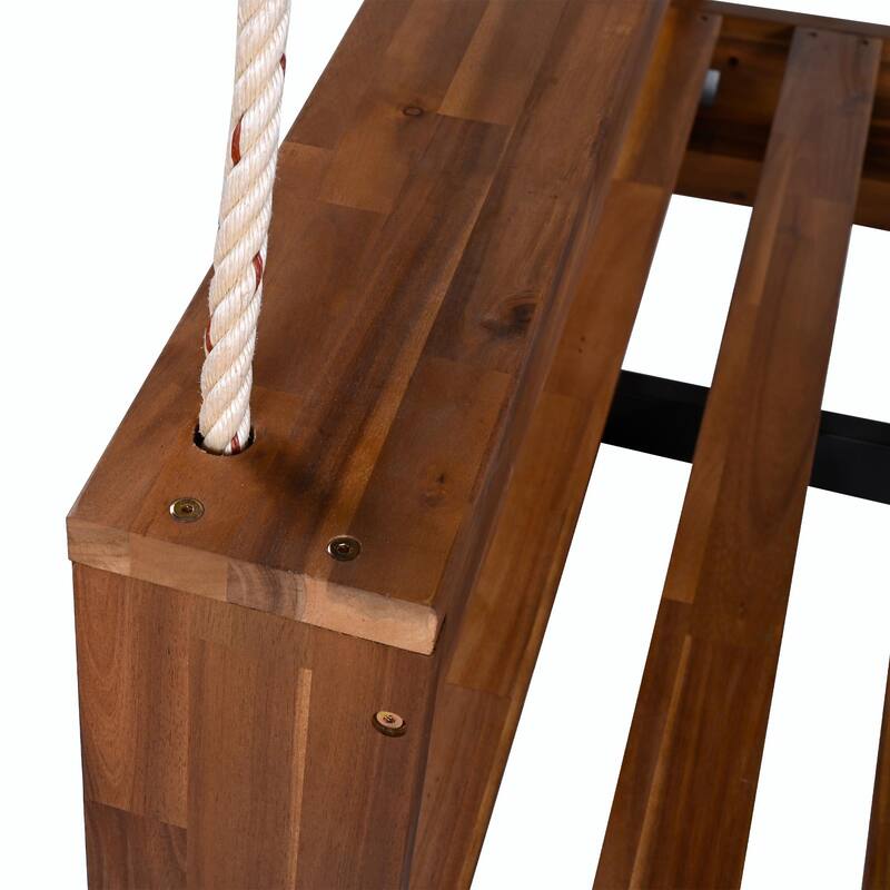Twin Size Porch Swing Bed Seating Group, Patio Acacia Wood Swing Frame with Hemp Rope