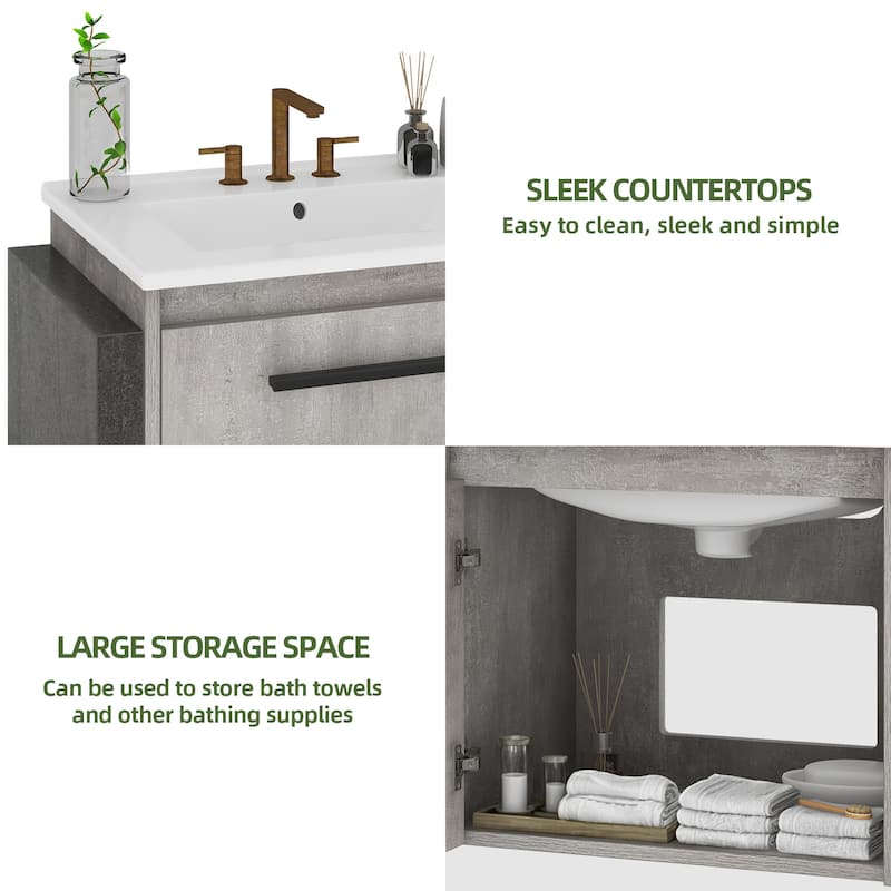 Moasis 22 Inch Wall Mounted Bathroom Vanity with Ceramic Sink and Soft Close Doors Grey