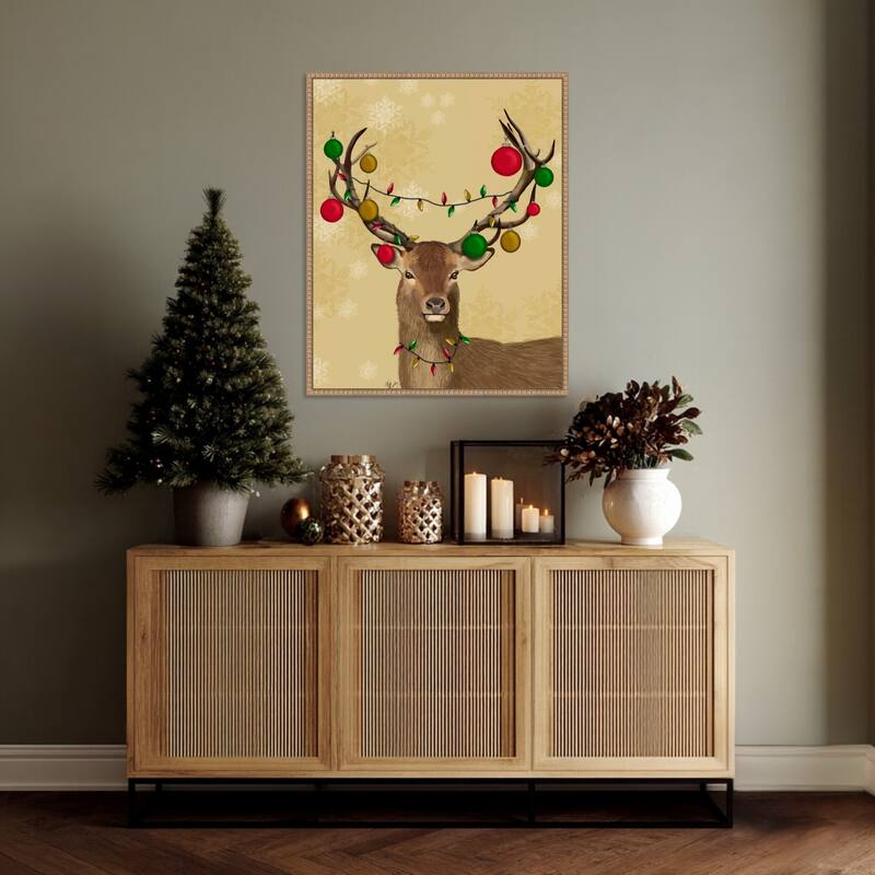 Stag and Baubles by Fab Funky (23 x 28 in.), Framed Canvas Wall Art Print - Sylvie Beaded Rustic Natural