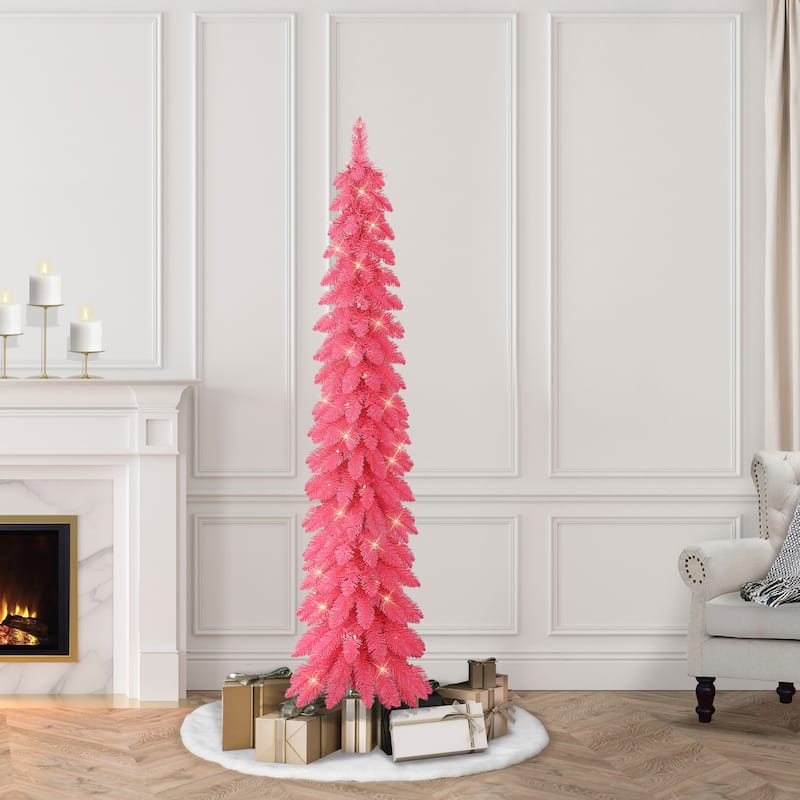 Puleo International 6 ft. Pre-Lit Pink Alpine Artificial Pencil Tree - Pink