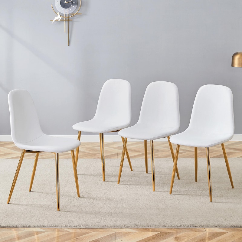 Minimalist Dining Chair Set of 4, Linen Fabric Kitchen Chair with Metal Legs Modern Armless Side Chair for Office - White+Gold