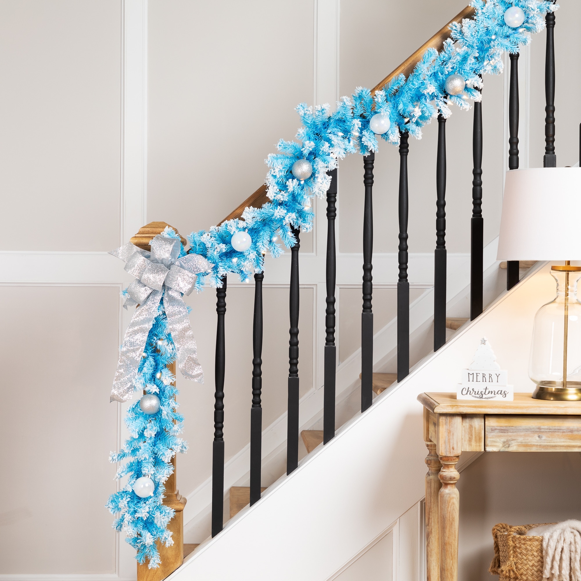 Artificial Flocked Pine Christmas Garland 9' Sky Blue Clear Lights