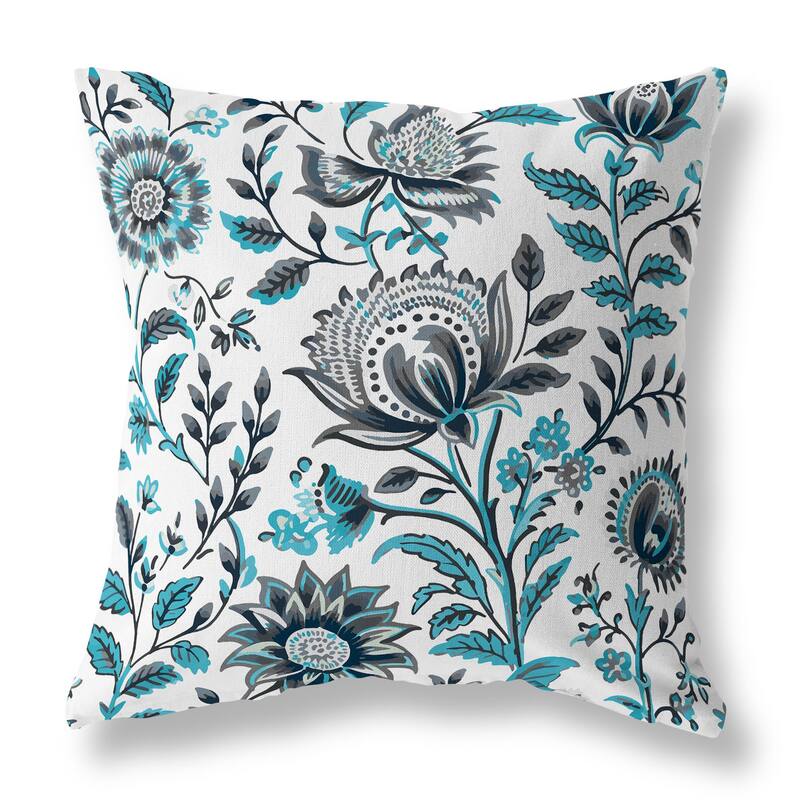 Grey And Turquoise Sanganeri Block Print Faux Suede Throw Pillow Zipper