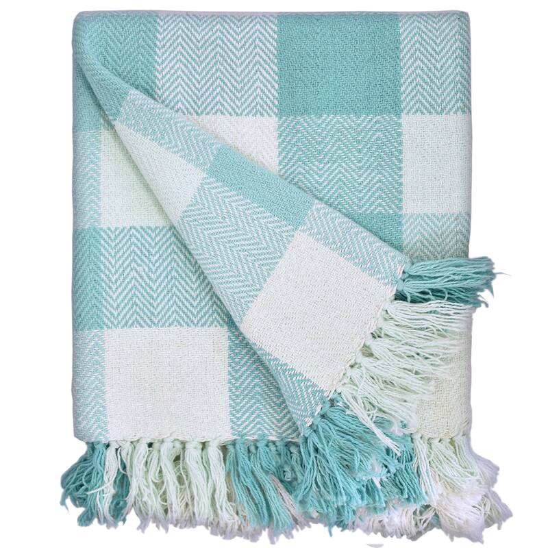 Fabstyles Herringbone Checkered Cotton Throw Blanket with Fringes