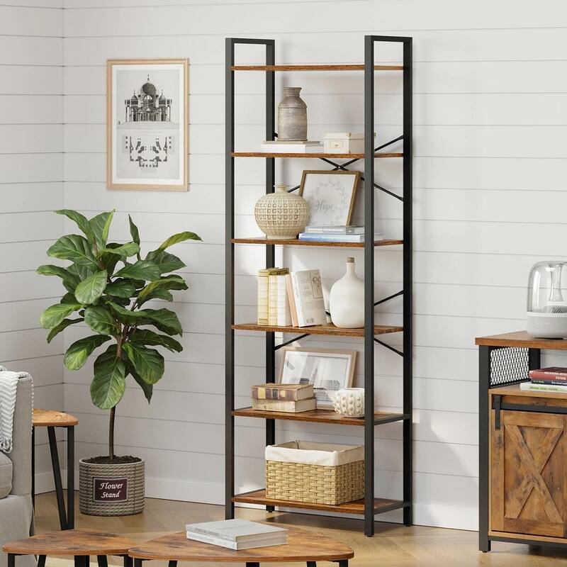 Rustic Brown and Black 6-Tier Industrial Bookshelf with Anti-Tip Kit - 31.5”L x 11.8”W x 73.2”H (80 x 30 x 186 cm)