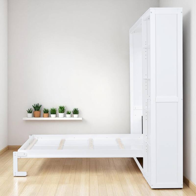 Full/Queen Size Murphy Wall Bed with Shelves, Foldable Cabinet Bed with Storage, Plywood MDF Frame
