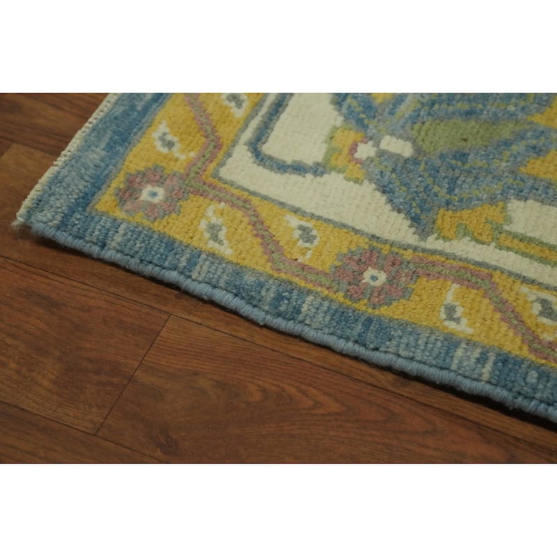 Floral Blue Oushak Vegetable Dye Area Rug, Floral Geometric Carpet - 9' 10'' X 8' 3''