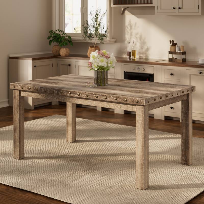 Mordern Fort Vintage Dining Table Set, Tufted Upholstered Chairs with Studded Trim