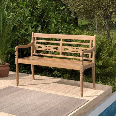 Teak Wood Patio Bench for 2 with Comfortable Backrest & Armrests - 47" L x 20" W x 32.5" H