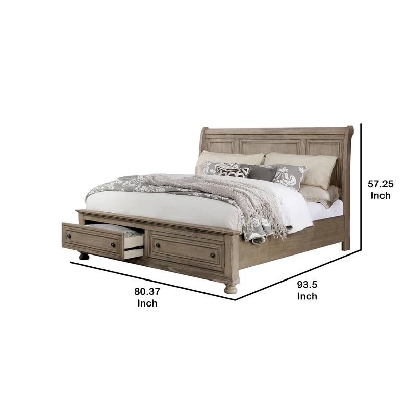Ava King Bed with Footboard Storage and Bun Feet, Gray Solid Wood
