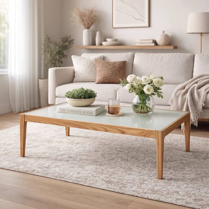 Wooden Frame Rectangular Coffee Table with Beveled Tempered Glass Top, Brown and Clear