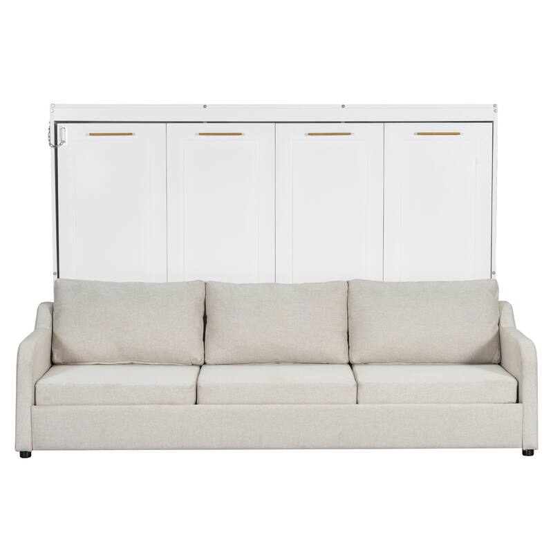 Murphy Bed Wood Cabinet Bed with Folding Sofa, Hideaway Wall Bedframe with Built-in Storage Shelves and LED Lights