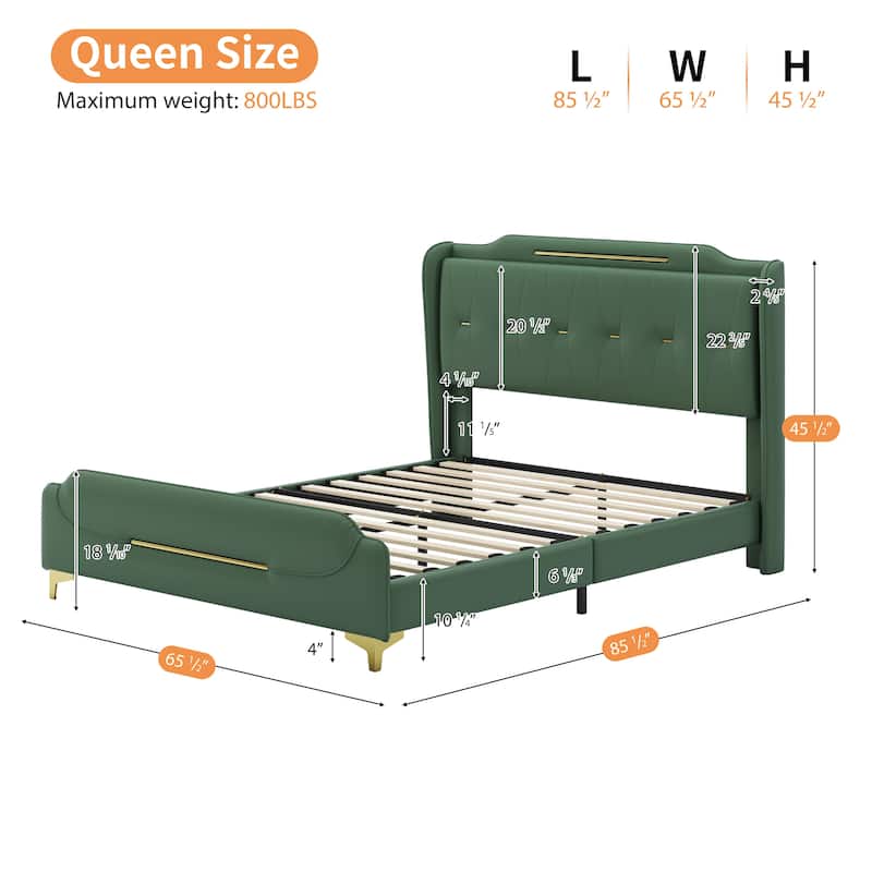 Queen Size PU Leather Platform Bed with Wingback Headboard and Footboard, Solid Wood Slats, Easy Assembly